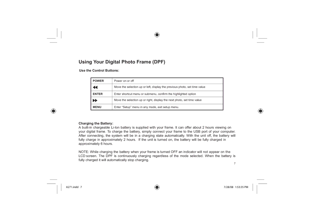 Element Electronics EFG272 user manual Using Your Digital Photo Frame DPF, Use the Control Buttons, Charging the Battery 