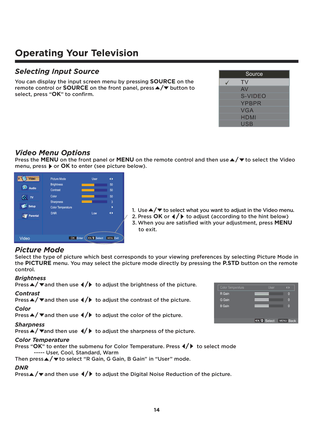 Element Electronics ELCFT241 manual Selecting Input Source, Video Menu Options, Picture Mode 
