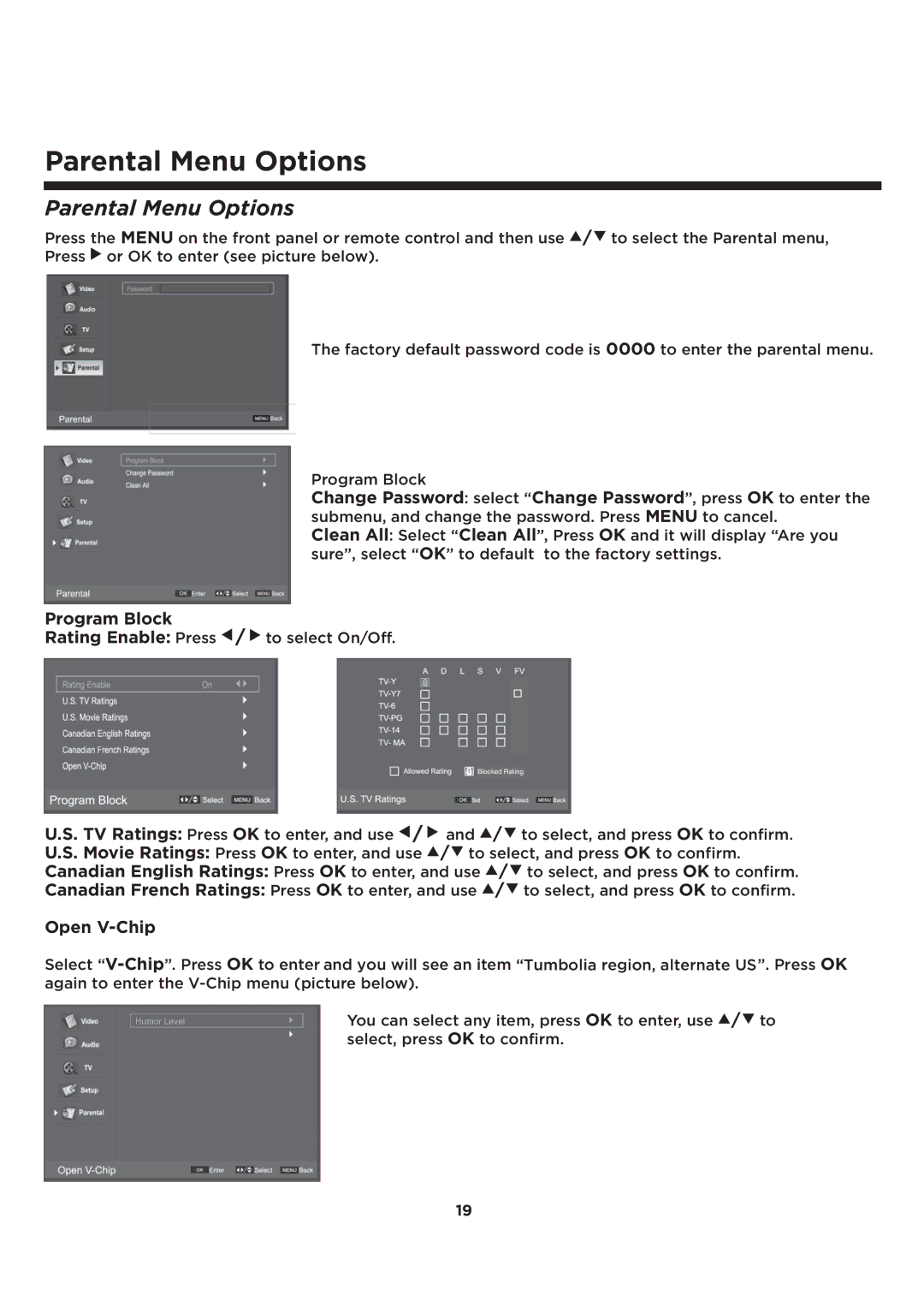 Element Electronics ELCFT241 manual Parental Menu Options 