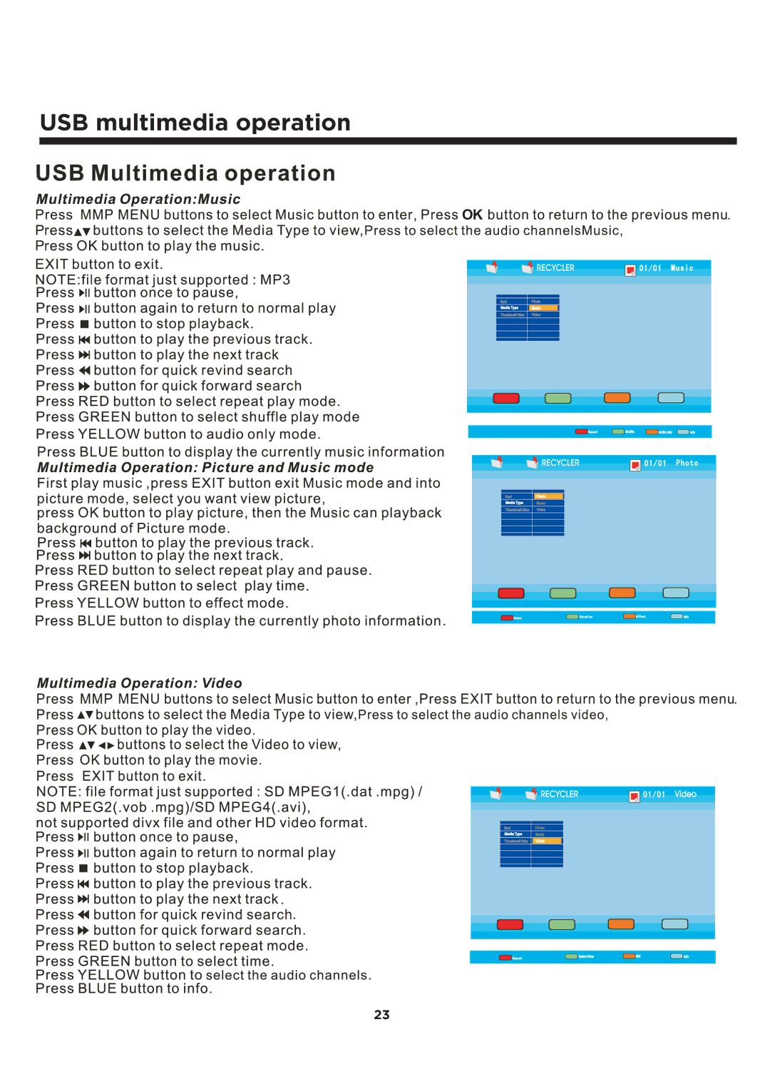 Element Electronics ELCFT241 manual USB multimedia operation 