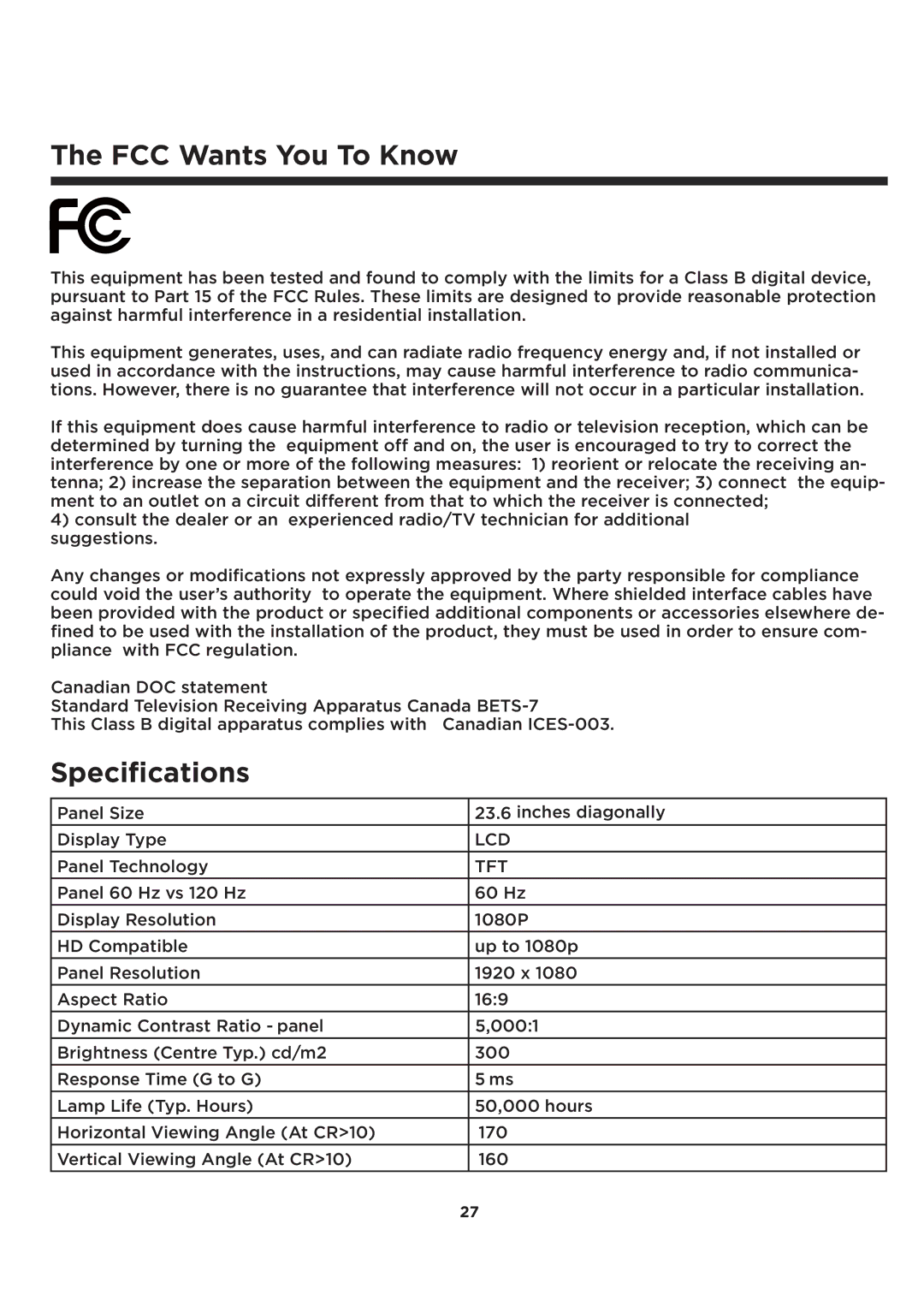 Element Electronics ELCFT241 manual FCC Wants You To Know, Speciﬁcations 