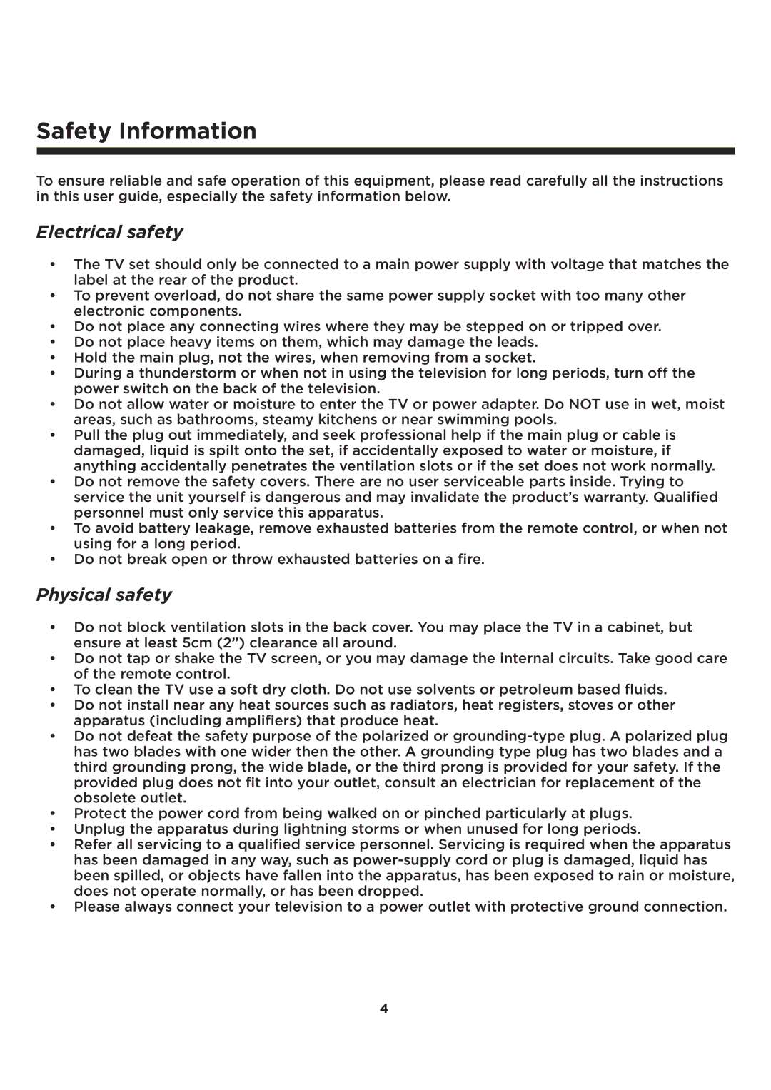 Element Electronics ELCFT241 manual Safety Information, Electrical safety, Physical safety 