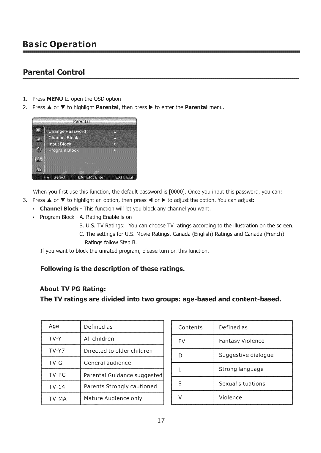 Element Electronics ELCHS321, ELCHS261 user manual Parental Control 