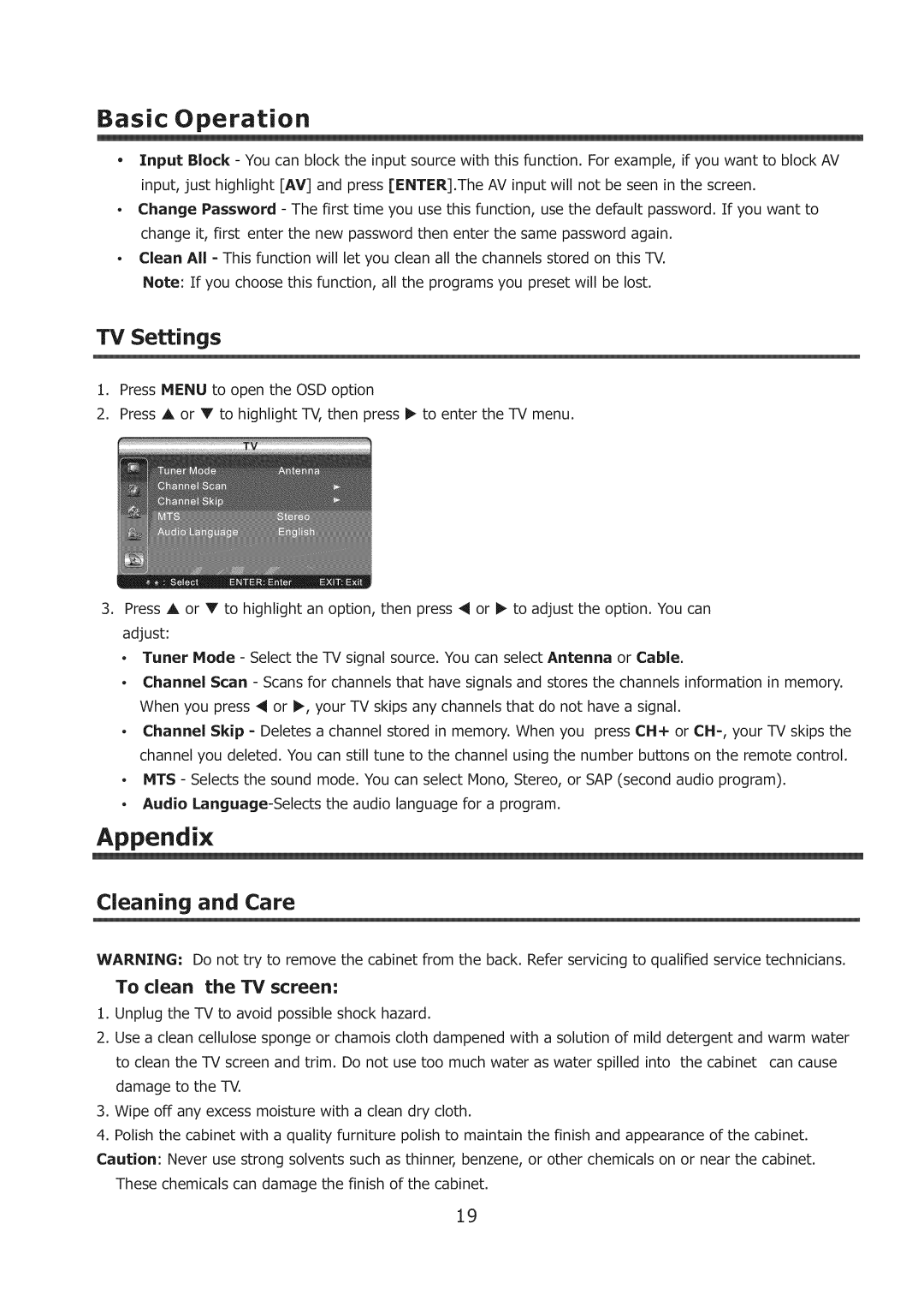 Element Electronics ELCHS321, ELCHS261 user manual Appendix, TV Settings, Cleaning and Care, To clean the TV screen 