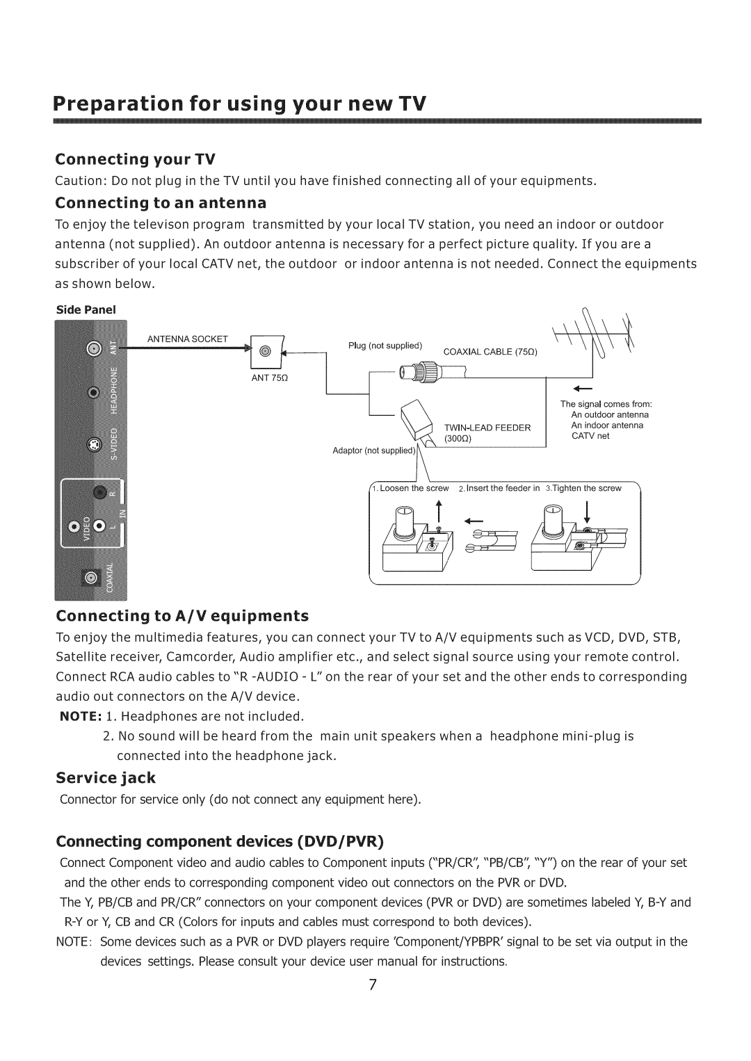 Element Electronics ELCHS321 Service jack, Connecting your TV Connecting to an antenna, Connecting to A/V equipments 