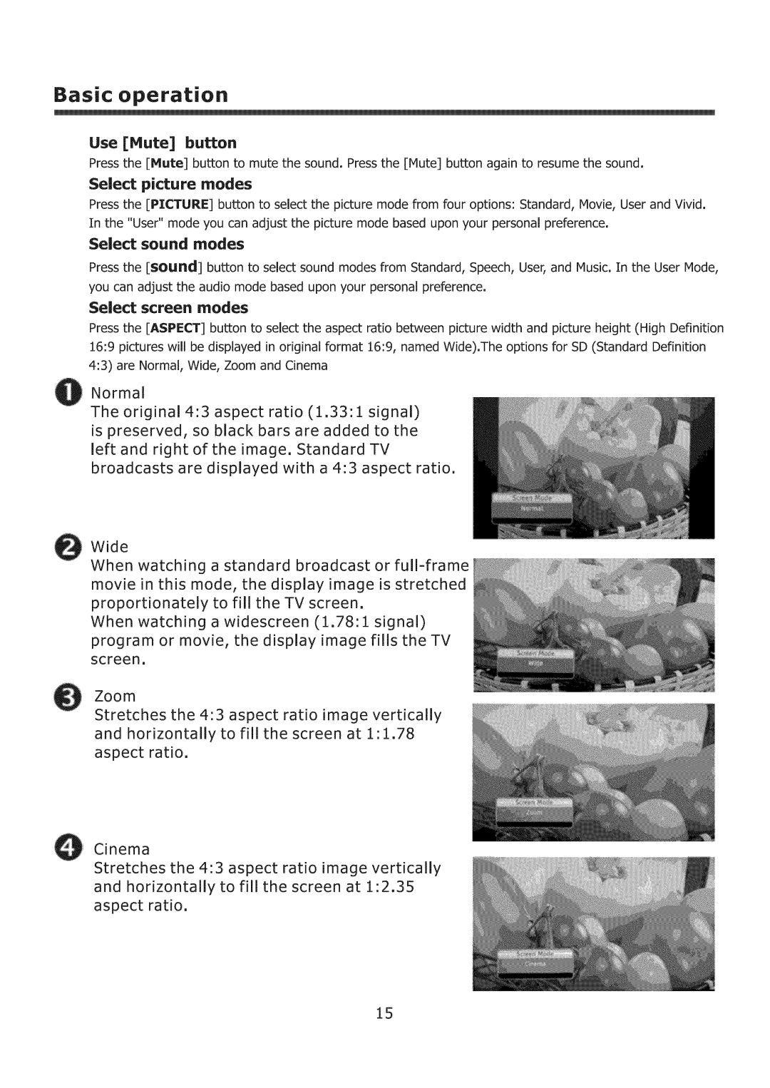 Element Electronics ELCHW261 user manual Select sound modes, Select screen modes, Use Hute button, Select picture modes 