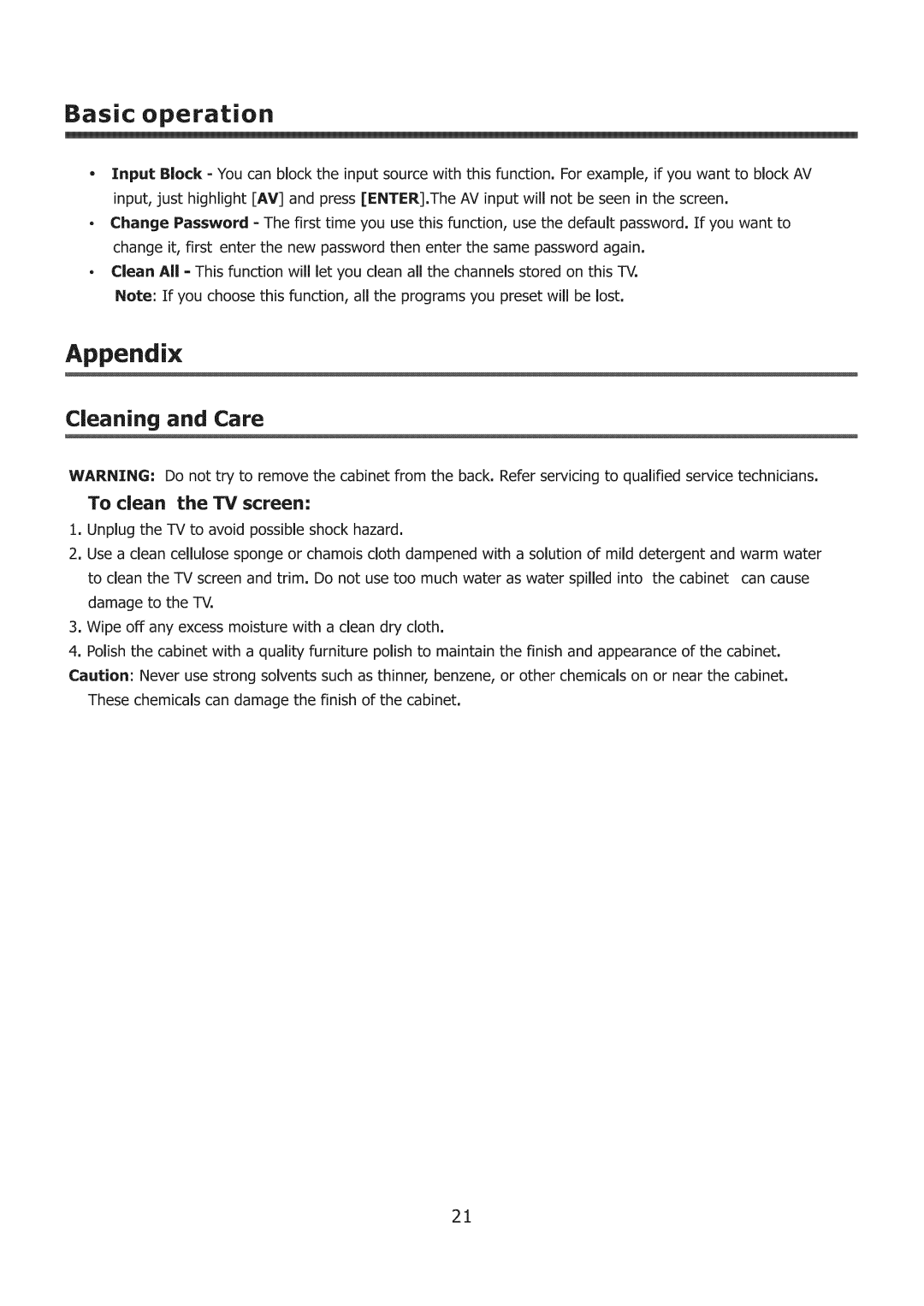 Element Electronics ELCHW261 user manual Cleaning and Care, To clean the TV screen 