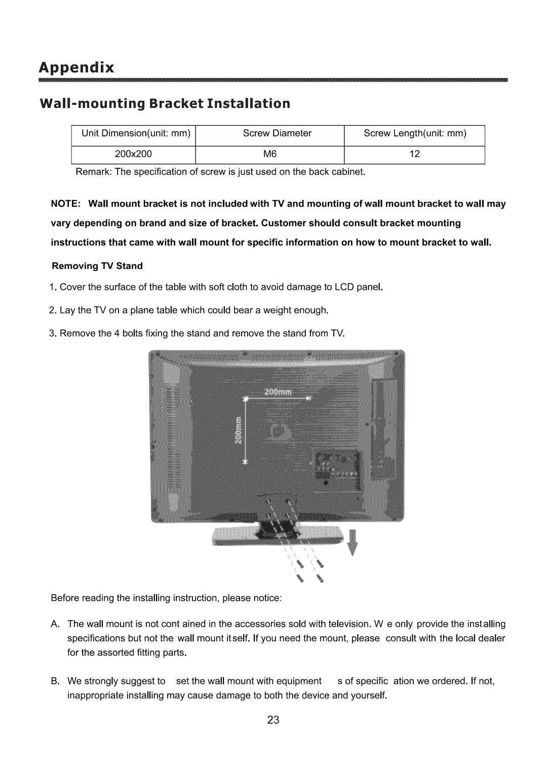 Element Electronics ELCHW261 user manual Wall-mounting, Bracket Installation 