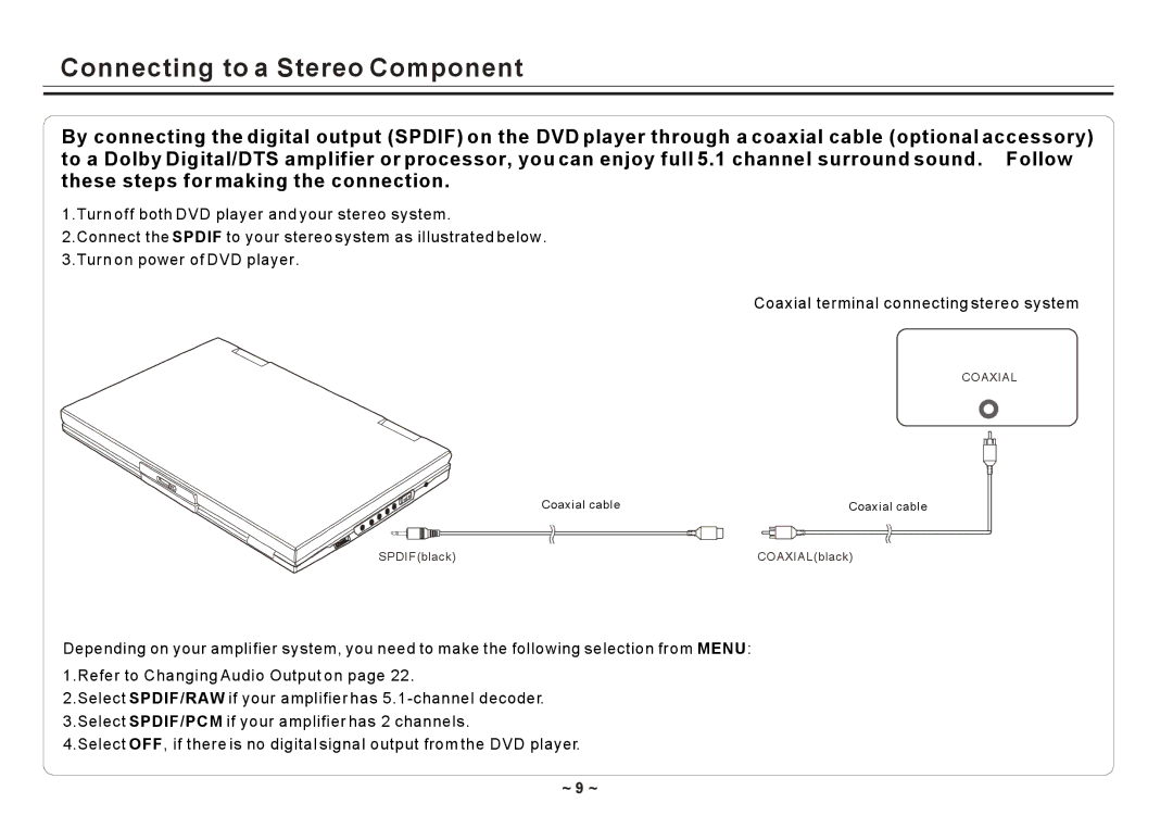 Element Electronics ELE E850PD manual Connecting to a Stereo Component, ~ 9 ~ 