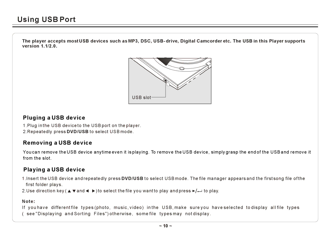 Element Electronics ELE E850PD Using USB Port, Pluging a USB device, Removing a USB device, Playing a USB device, ~ 10 ~ 