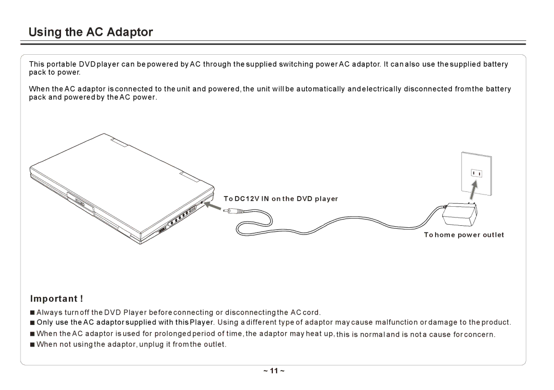 Element Electronics ELE E850PD manual Using the AC Adaptor, ~ 11 ~ 