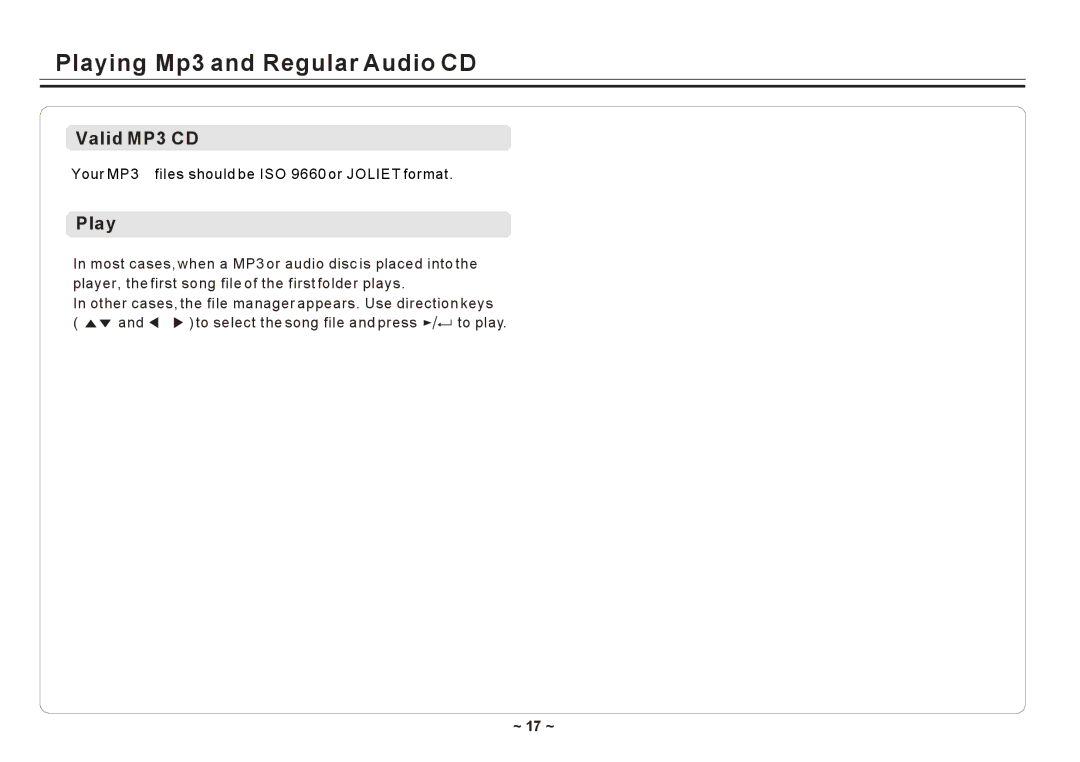 Element Electronics ELE E850PD manual Playing Mp3 and Regular Audio CD, Valid MP3 CD, ~ 17 ~ 