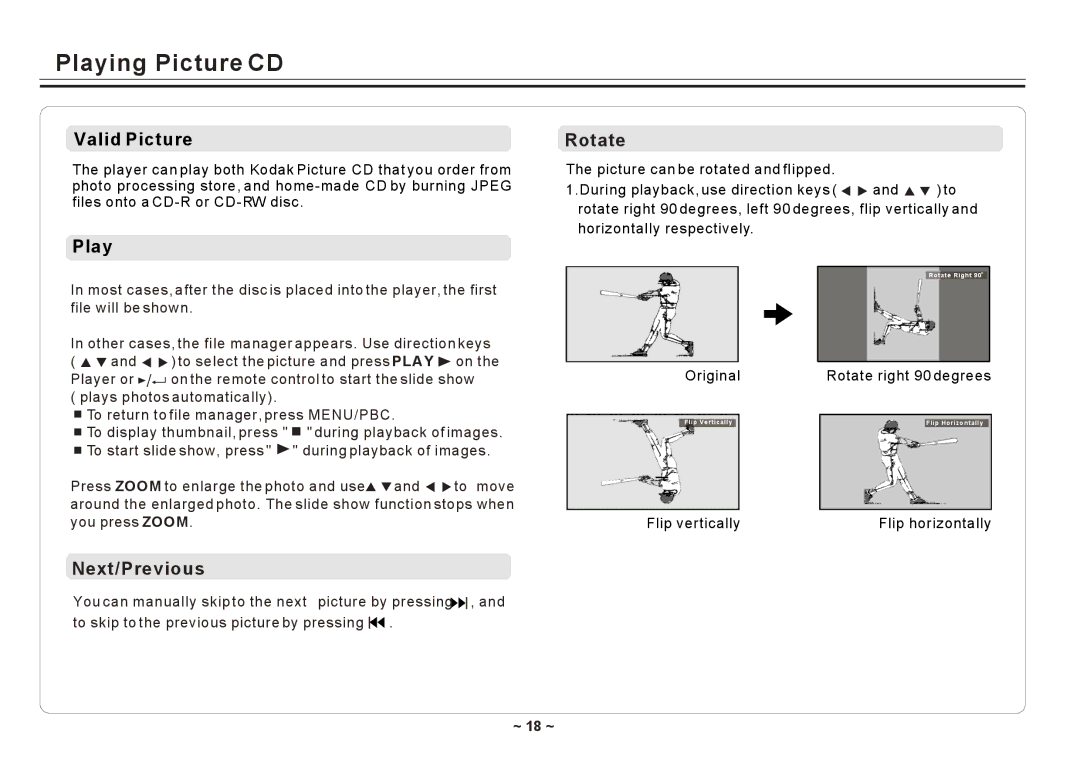 Element Electronics ELE E850PD manual Playing Picture CD, Valid Picture, Next/Previous, Rotate 