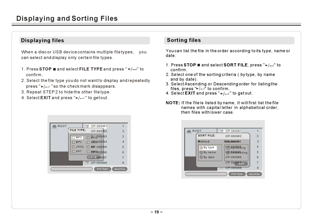 Element Electronics ELE E850PD manual Displaying and Sorting Files, Displaying files, Sorting files, ~ 19 ~ 