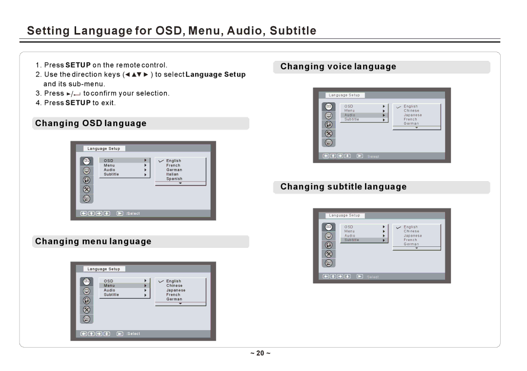 Element Electronics ELE E850PD manual Setting Language for OSD, Menu, Audio, Subtitle, Changing voice language 