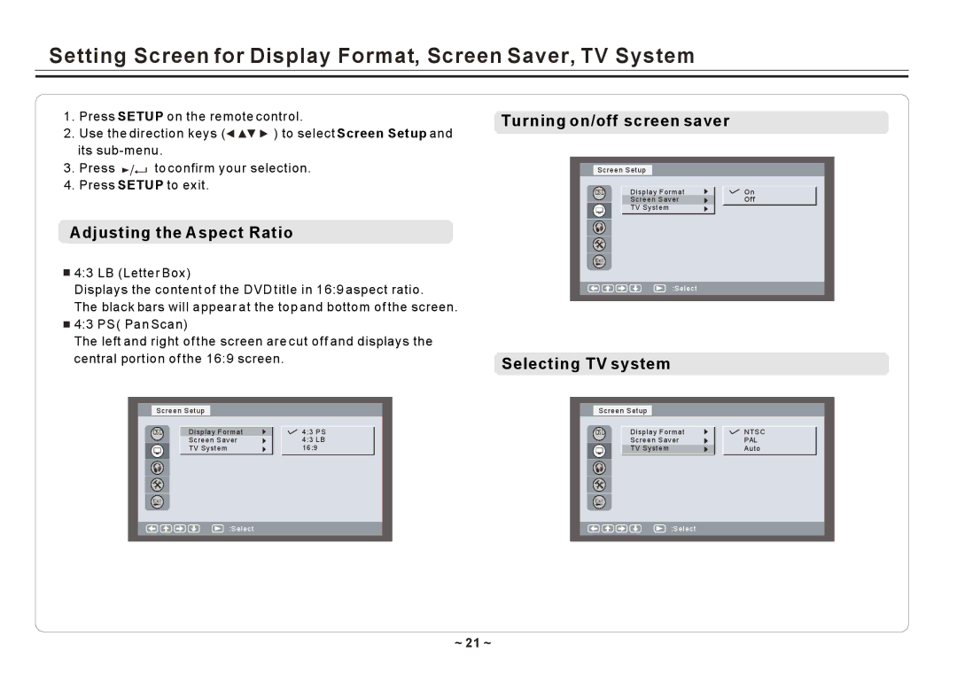 Element Electronics ELE E850PD Setting Screen for Display Format, Screen Saver, TV System, Adjusting the Aspect Ratio 