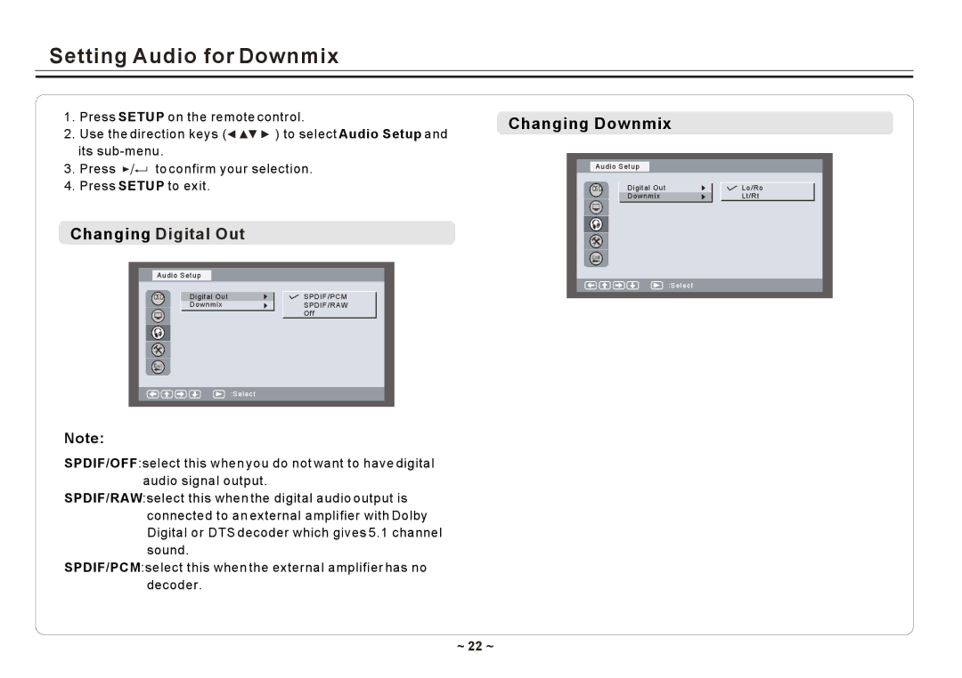 Element Electronics ELE E850PD manual Setting Audio for Downmix, Changing Digital Out, Changing Downmix, ~ 22 ~ 