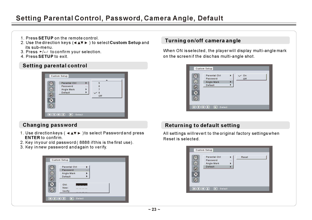 Element Electronics ELE E850PD manual Setting Parental Control, Password, Camera Angle, Default, Setting parental control 