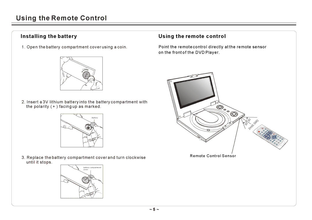 Element Electronics ELE E850PD manual Using the Remote Control, Installing the battery, Using the remote control, ~ 5 ~ 