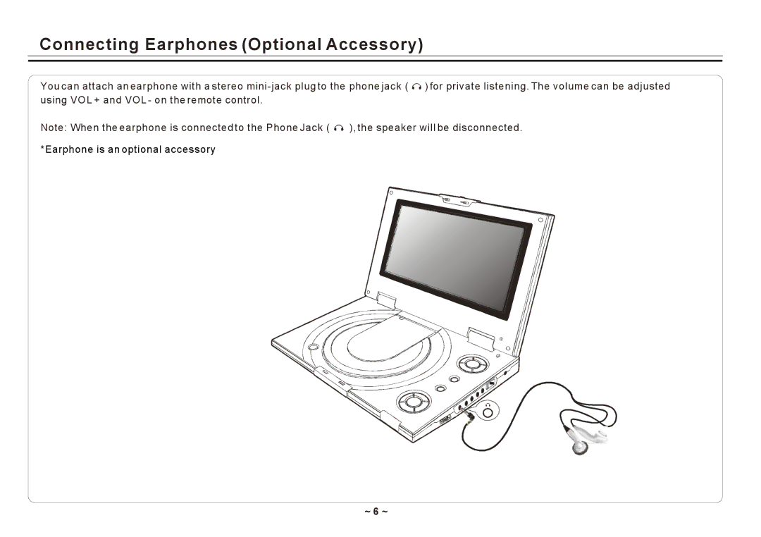 Element Electronics ELE E850PD manual Connecting Earphones Optional Accessory, ~ 6 ~ 