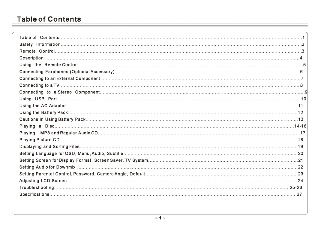 Element Electronics ELE E850PD manual Table of Contents, ~ 1 ~ 