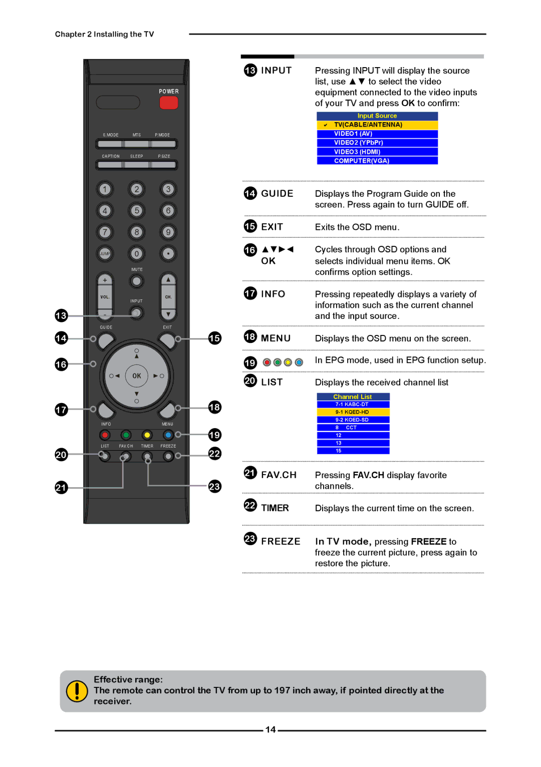 Element Electronics Flat Panel Television manual Input, TV mode, pressing Freeze to 