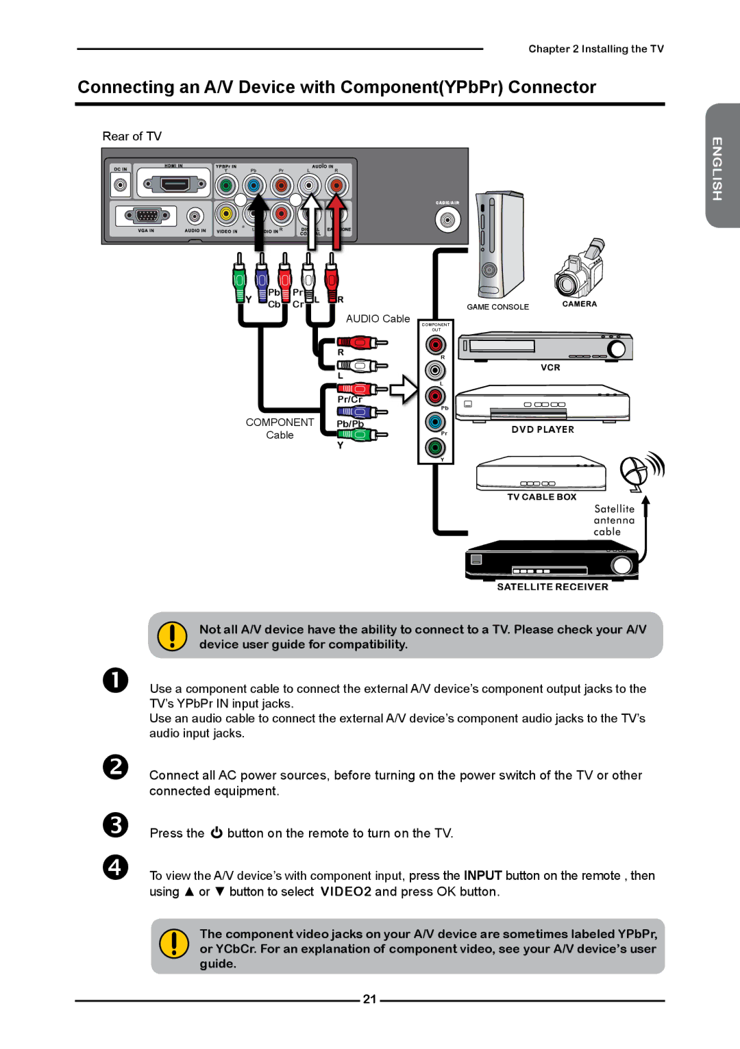 Element Electronics Flat Panel Television manual Connecting an A/V Device with ComponentYPbPr Connector, English 