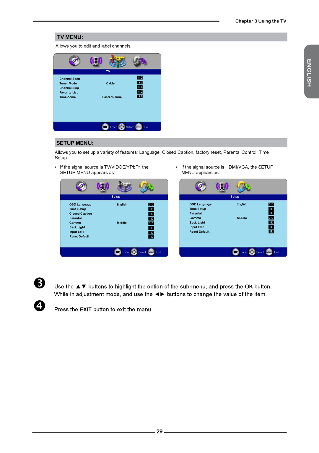 Element Electronics Flat Panel Television manual TV Menu, Setup Menu 