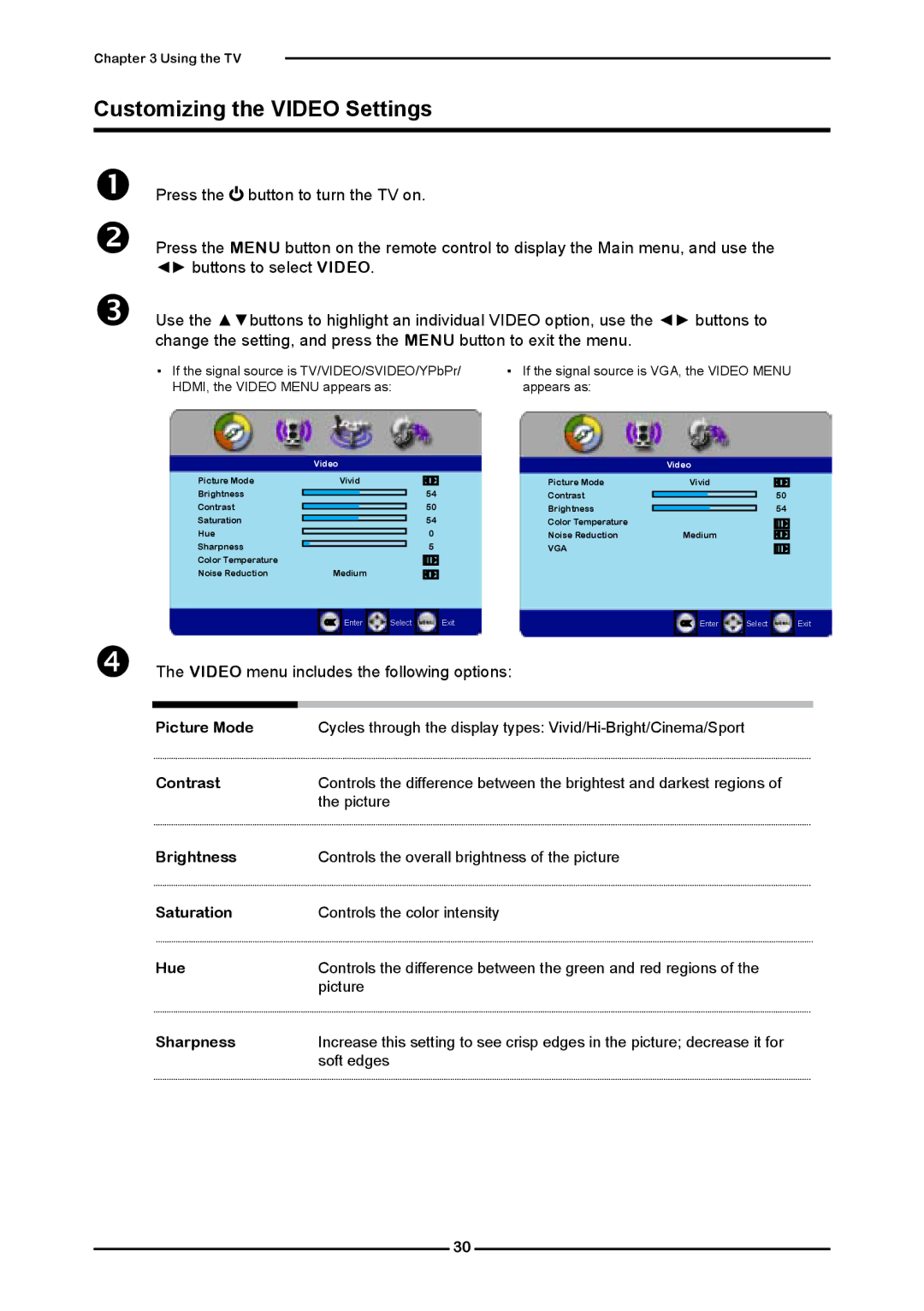 Element Electronics Flat Panel Television manual Customizing the Video Settings 