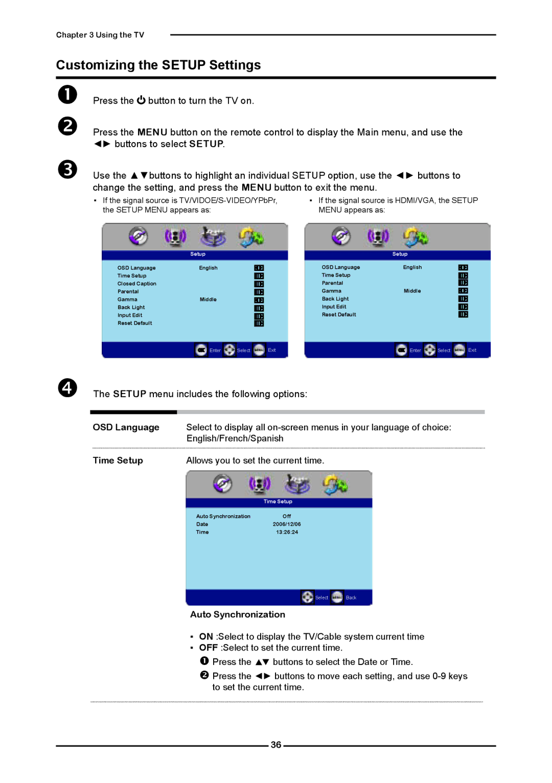 Element Electronics Flat Panel Television Customizing the Setup Settings, OSD Language, Time Setup, Auto Synchronization 