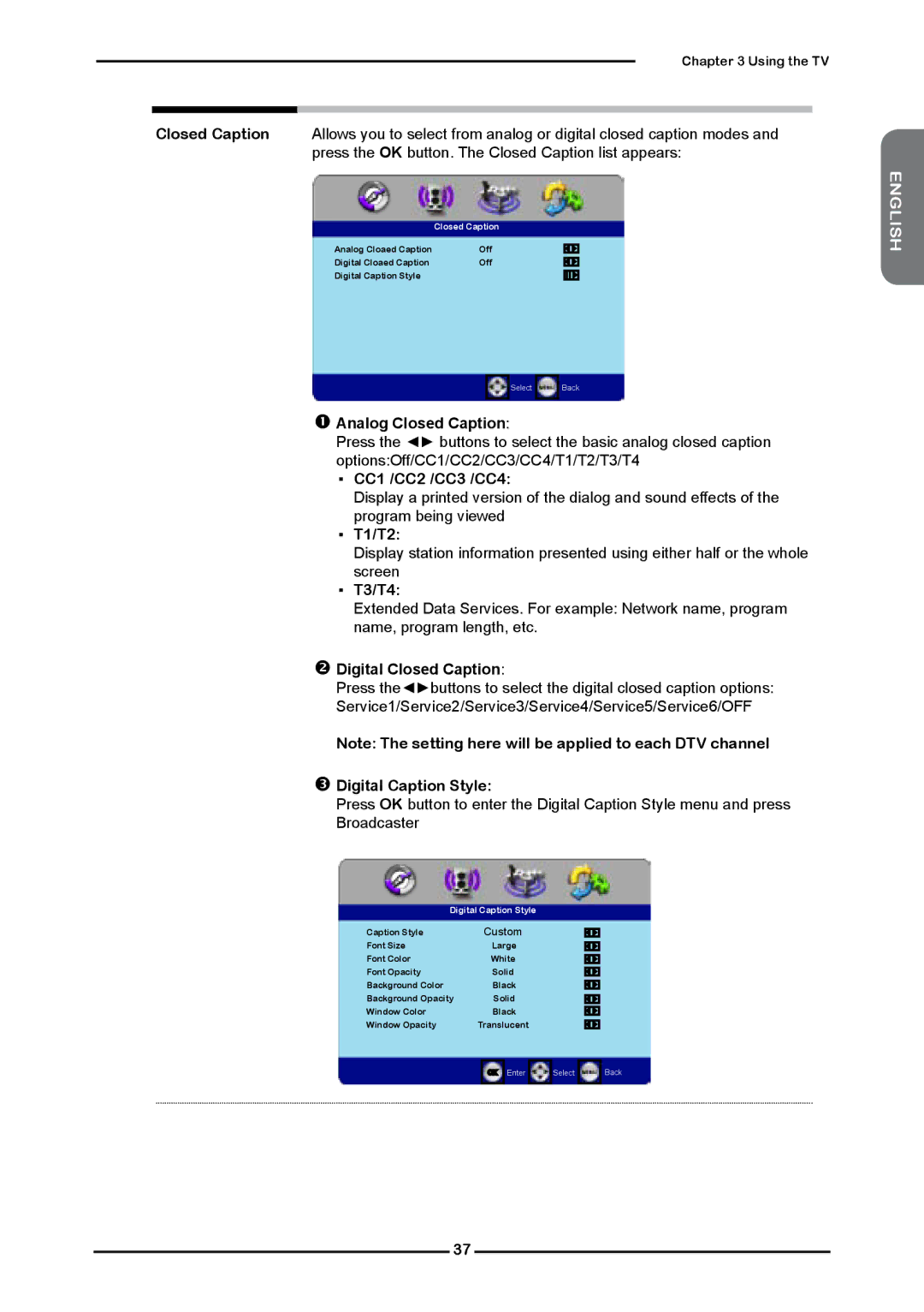 Element Electronics Flat Panel Television manual  Analog Closed Caption, CC1 /CC2 /CC3 /CC4, T1/T2, T3/T4 