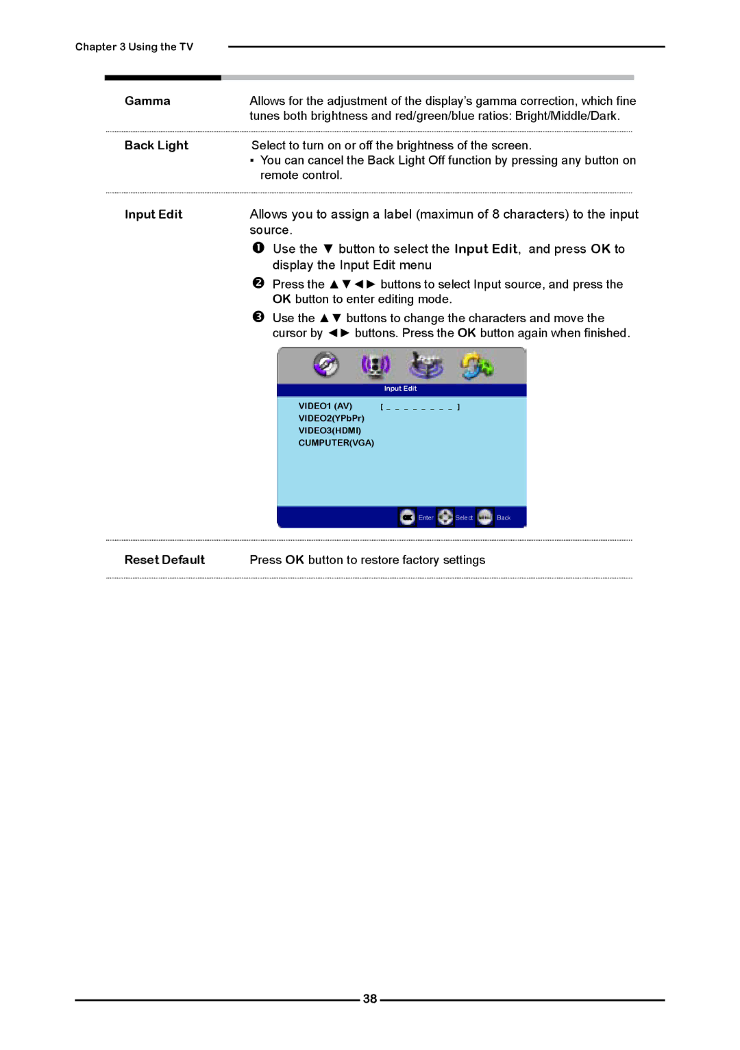 Element Electronics Flat Panel Television manual Gamma, Back Light, Input Edit, Reset Default 