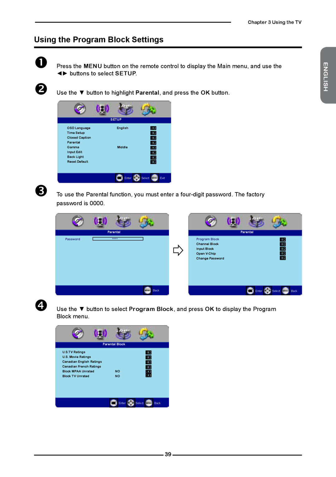 Element Electronics Flat Panel Television manual Using the Program Block Settings, Setup 