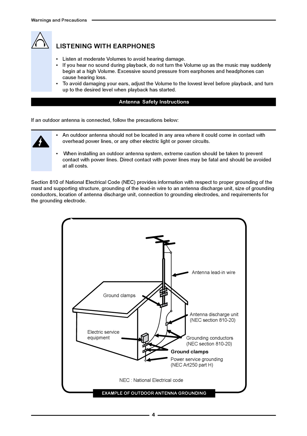 Element Electronics Flat Panel Television manual Listening with Earphones, Ground clamps 