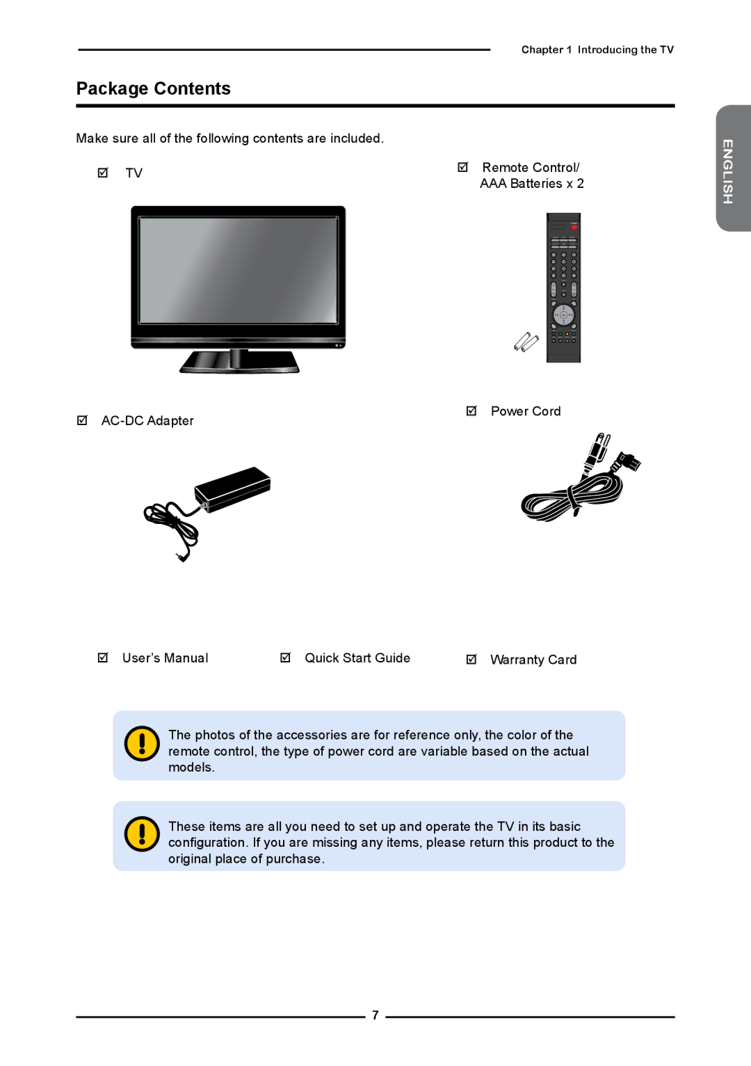 Element Electronics Flat Panel Television manual Package Contents 