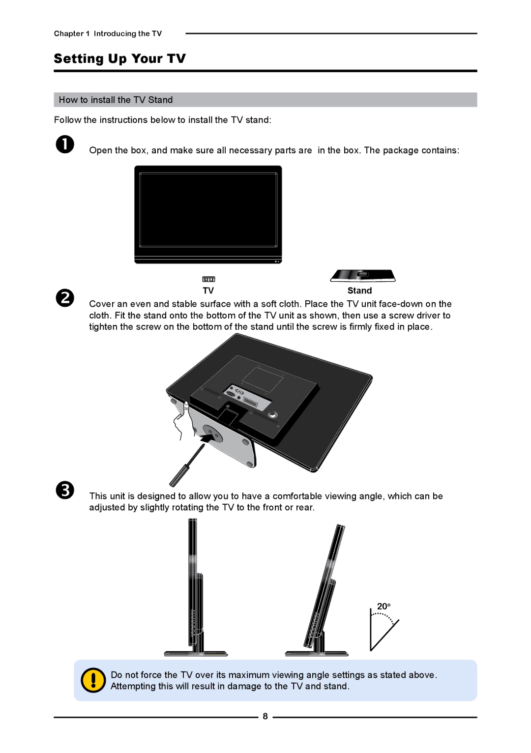 Element Electronics Flat Panel Television manual Setting Up Your TV, Stand, 20o 