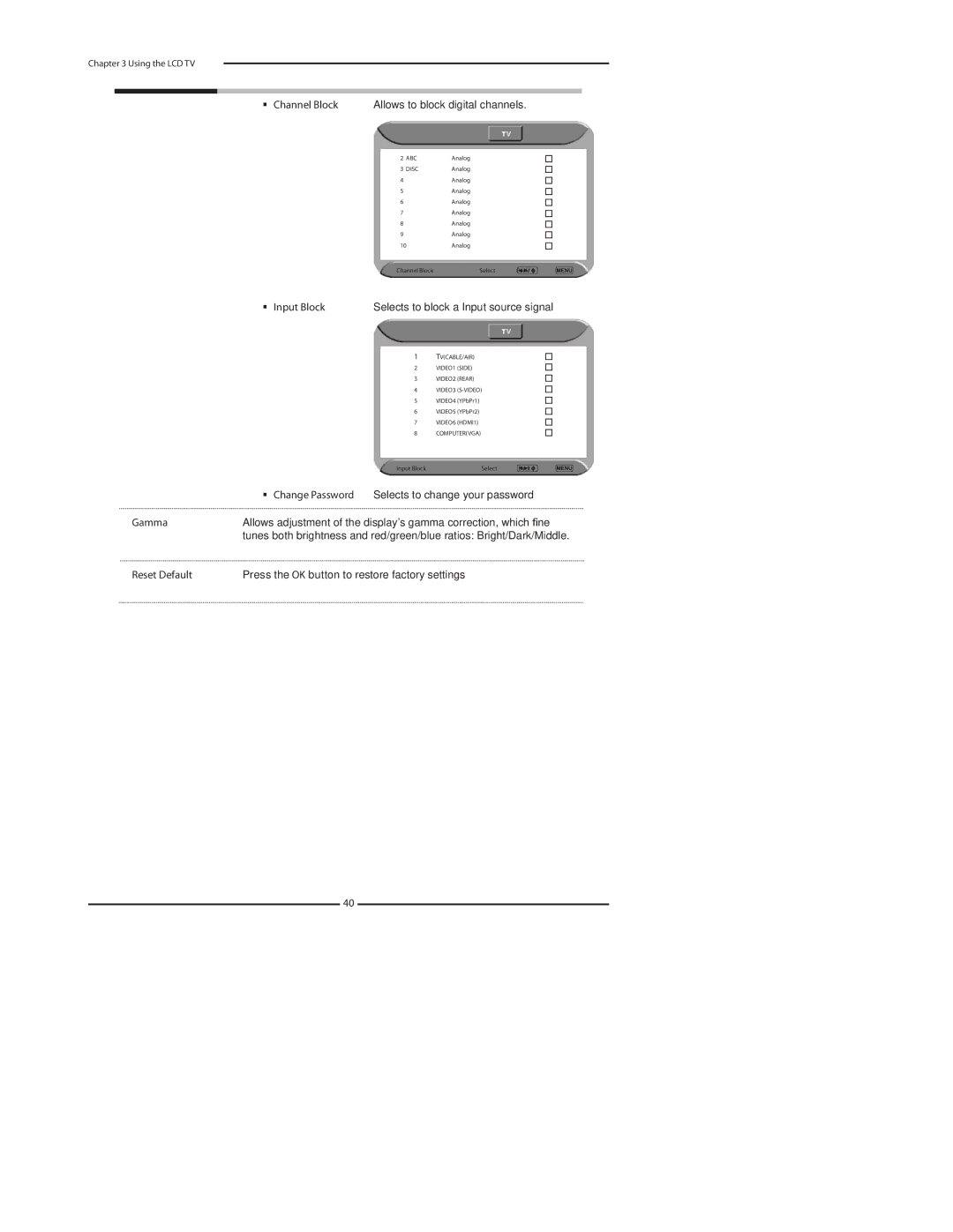 Element Electronics FLX-2610 manual Channel Block Allows to block digital channels 