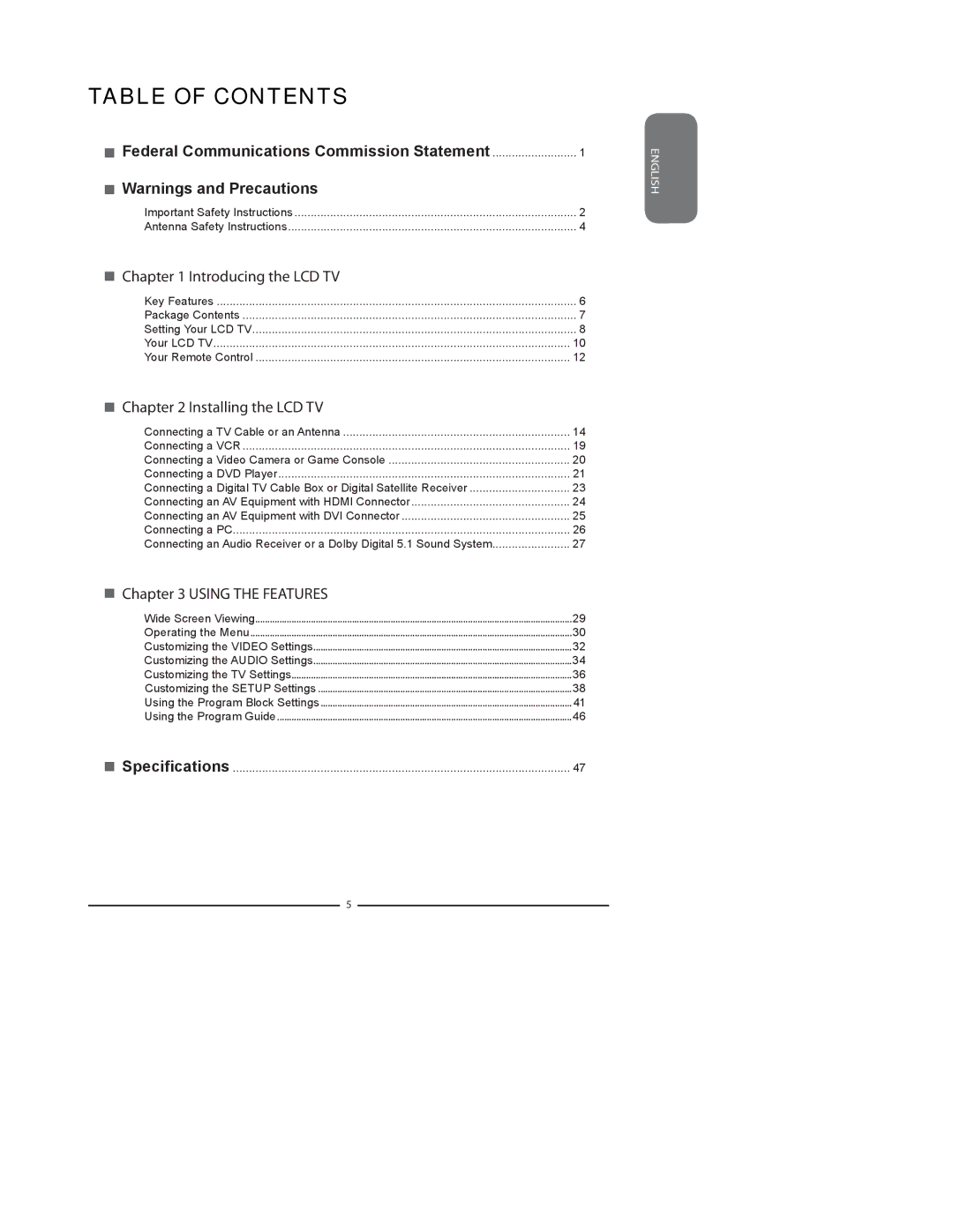 Element Electronics FLX-2610 manual Table of Contents 