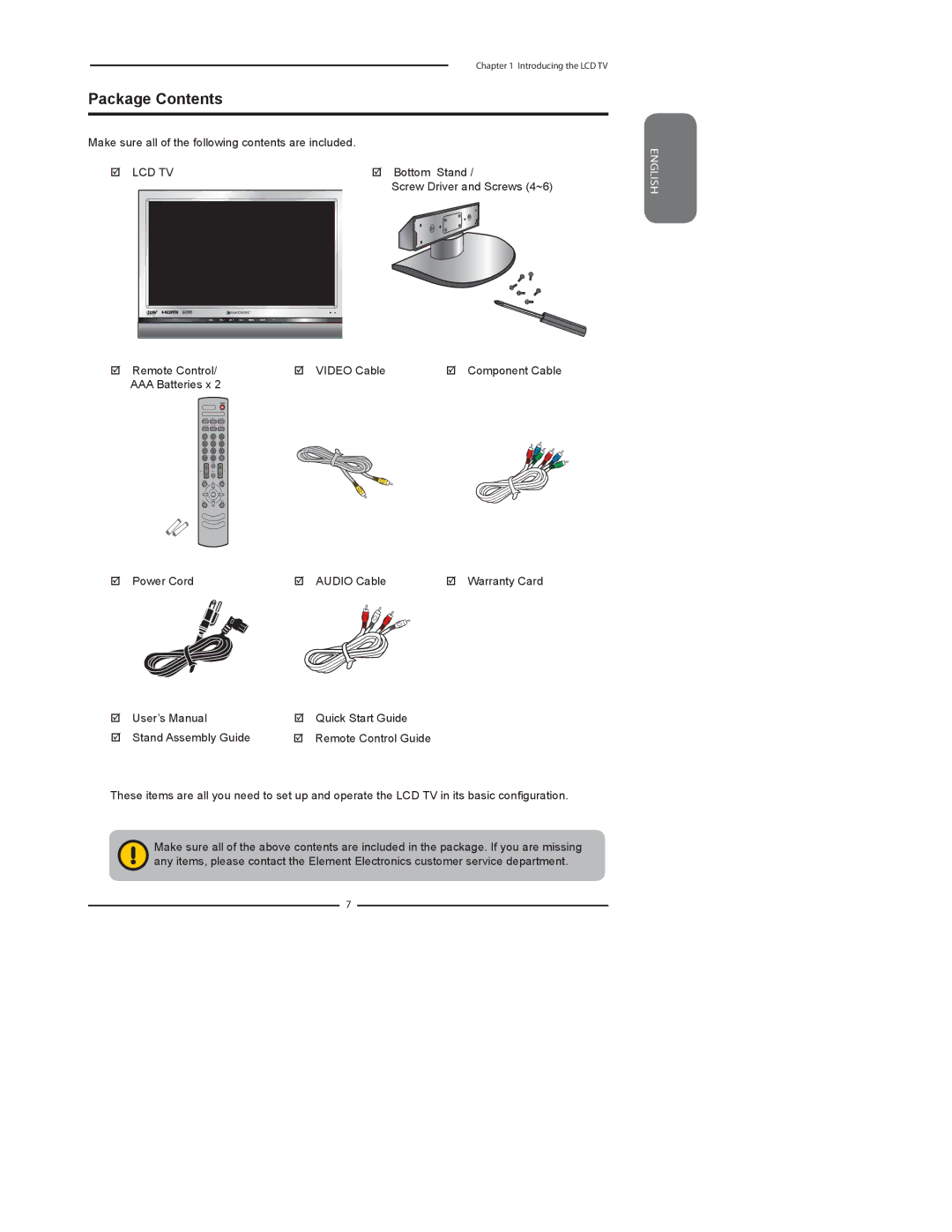 Element Electronics FLX-2610 manual Package Contents 