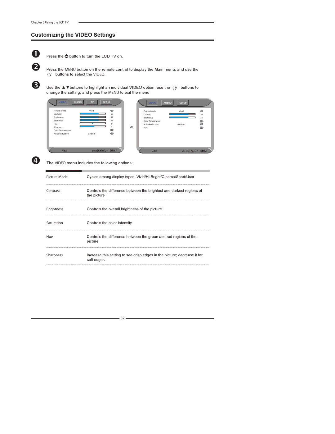 Element Electronics FLX-3210 manual Customizing the Video Settings, Video menu includes the following options 