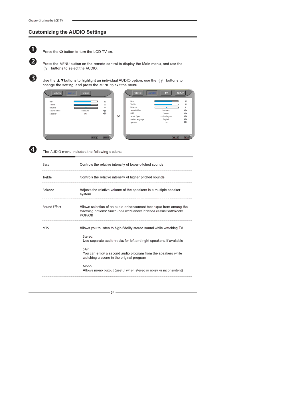 Element Electronics FLX-3210 manual Customizing the Audio Settings, Audio menu includes the following options, Mts, Sap 