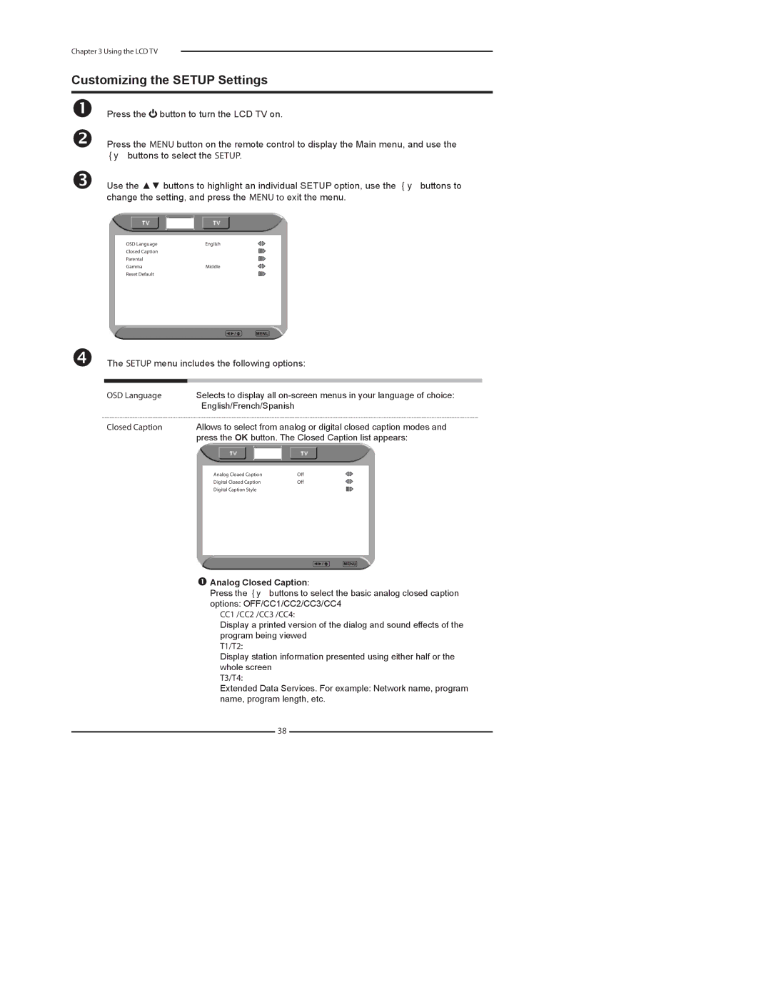 Element Electronics FLX-3210 manual Customizing the Setup Settings, Setup menu includes the following options 