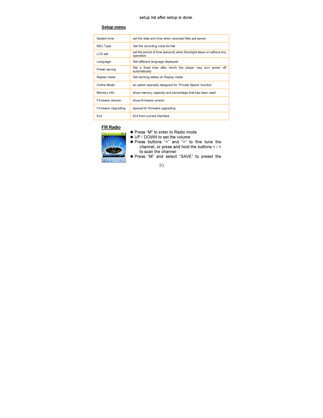 Element Electronics GC-920, GC-940, GC-921, GC-922 user manual Setup menu, FM Radio 