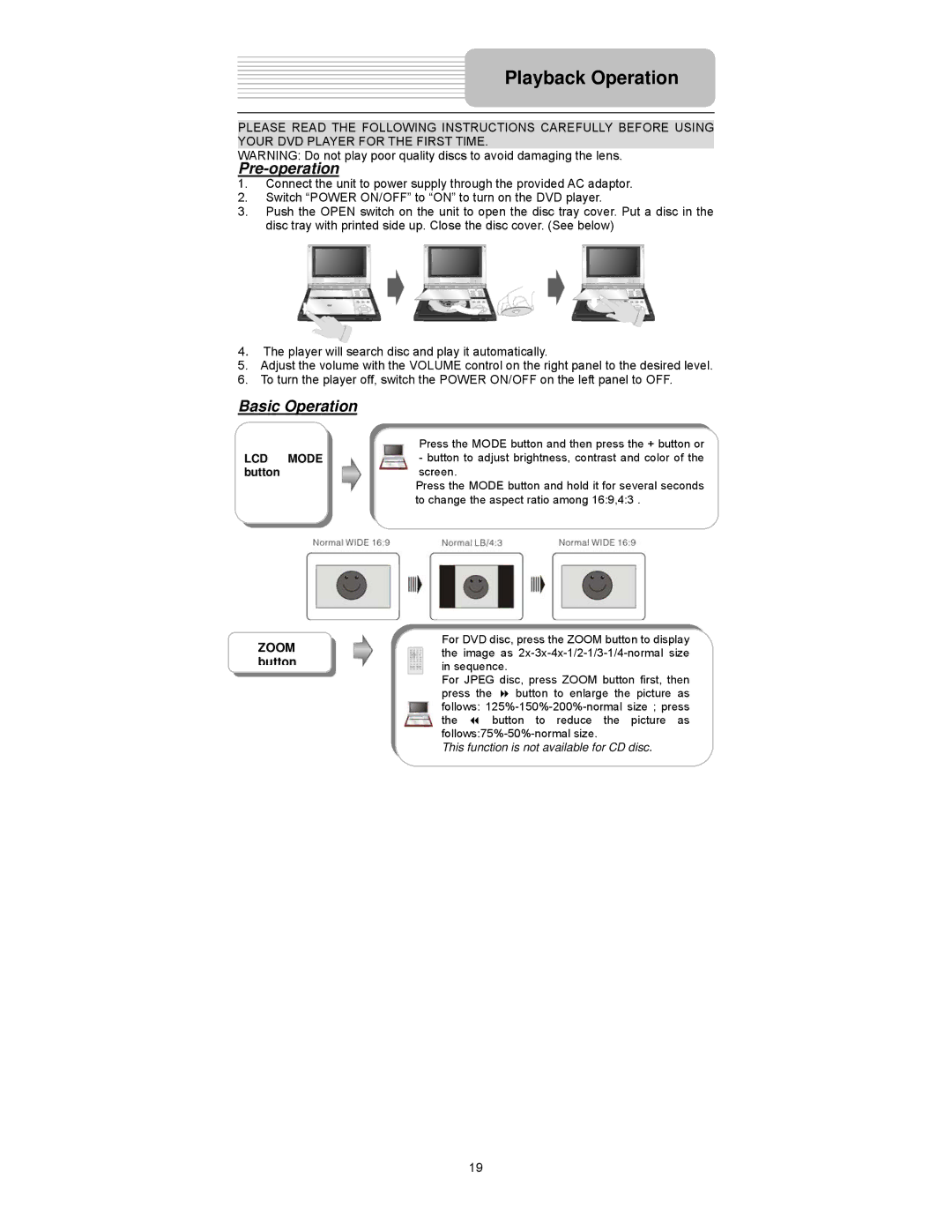 Element Electronics PDZ-081E manual Playback Operation, Pre-operation, Basic Operation, LCD Mode button 