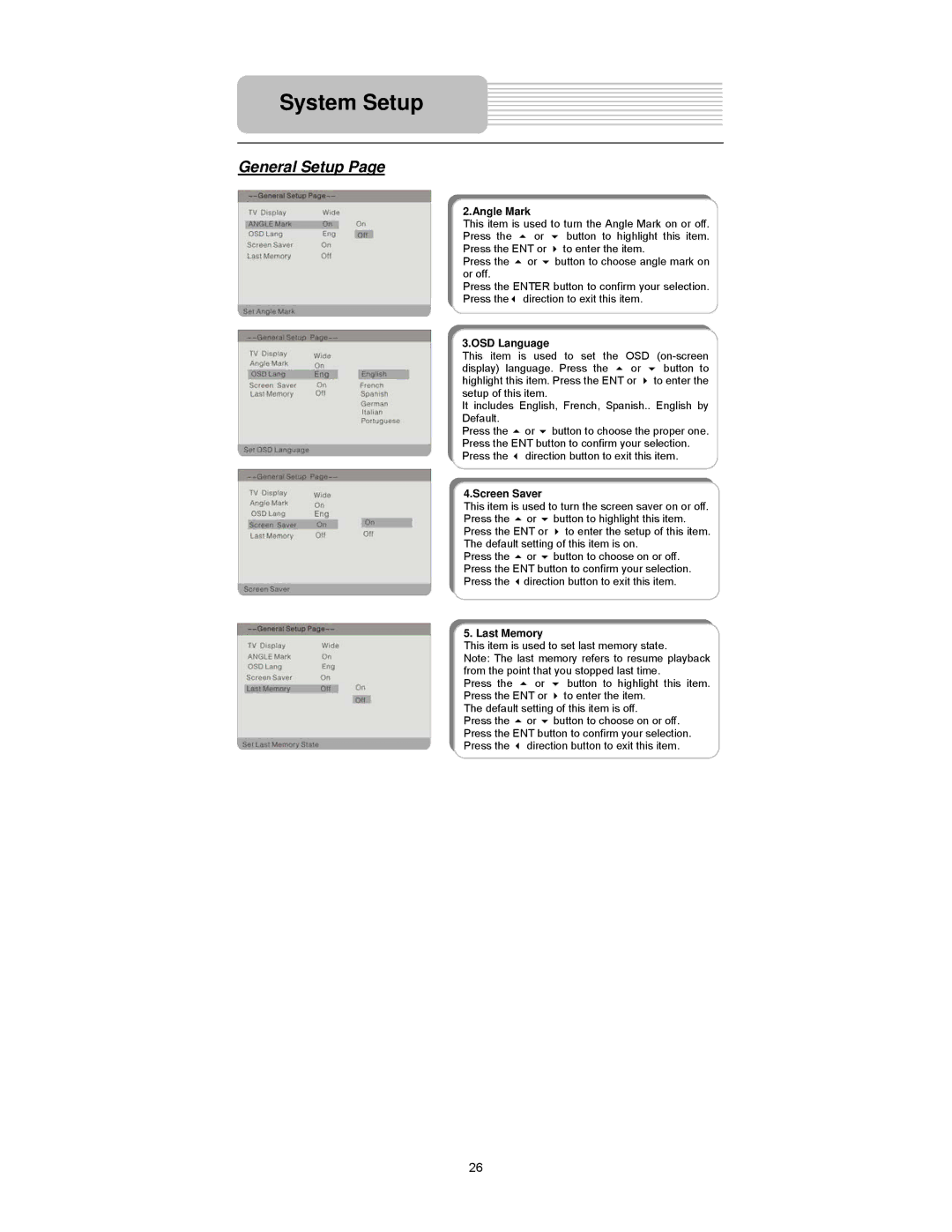 Element Electronics PDZ-081E manual Angle Mark, OSD Language, Screen Saver, Last Memory 