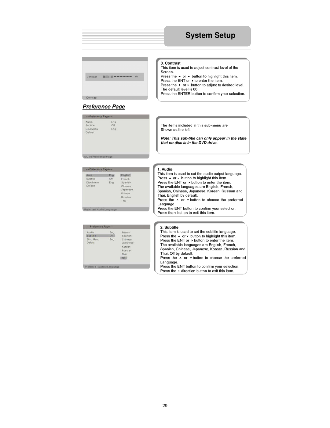 Element Electronics PDZ-081E manual Preference, Contrast, Audio, Subtitle 