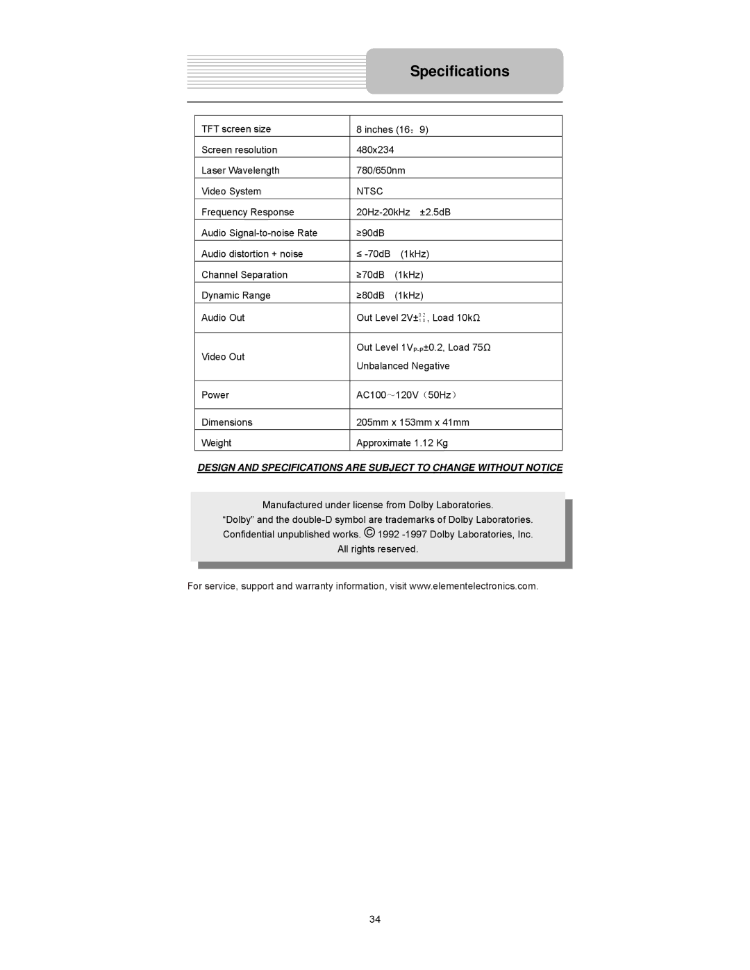 Element Electronics PDZ-081E manual Specifications, Ntsc 