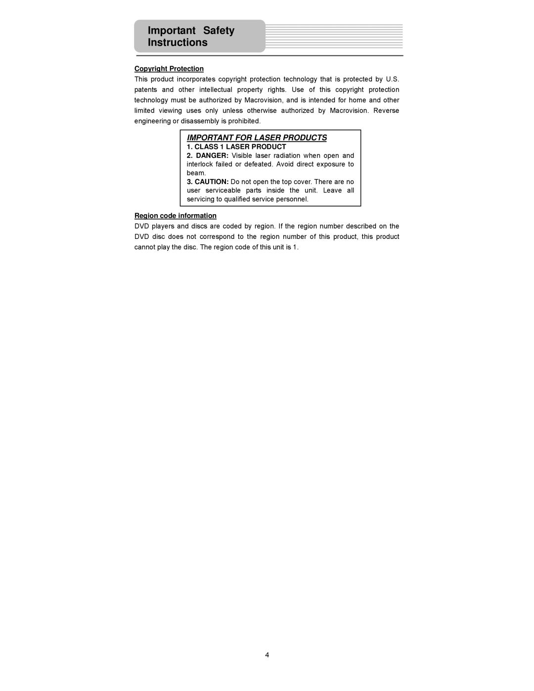 Element Electronics PDZ-081E manual Important for Laser Products 