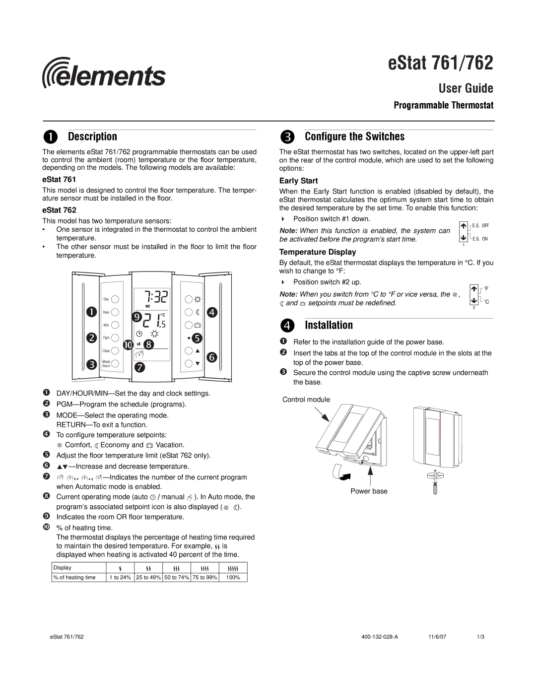 Elemental Designs eStat 762, eStat 761 manual Description Configure the Switches, Installation, EStat, Early Start 