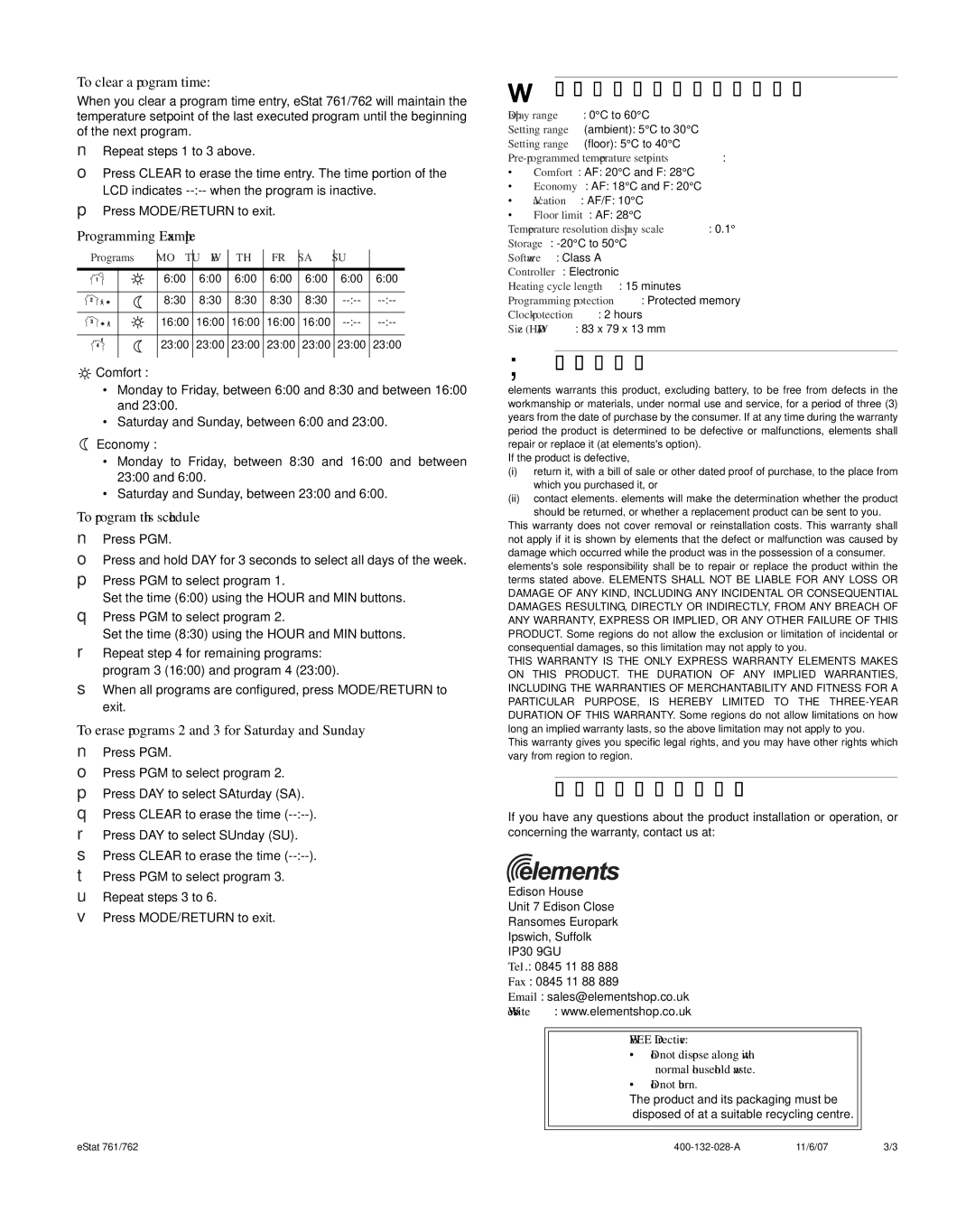 Elemental Designs eStat 762, eStat 761 manual Technical Specifications, Warranty, Customer Assistance 